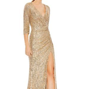 MAC DUGGAL 42015 SEQUINED DRAPED 3/4 SLEEVE LIGHT GOLD GOWN sz 12